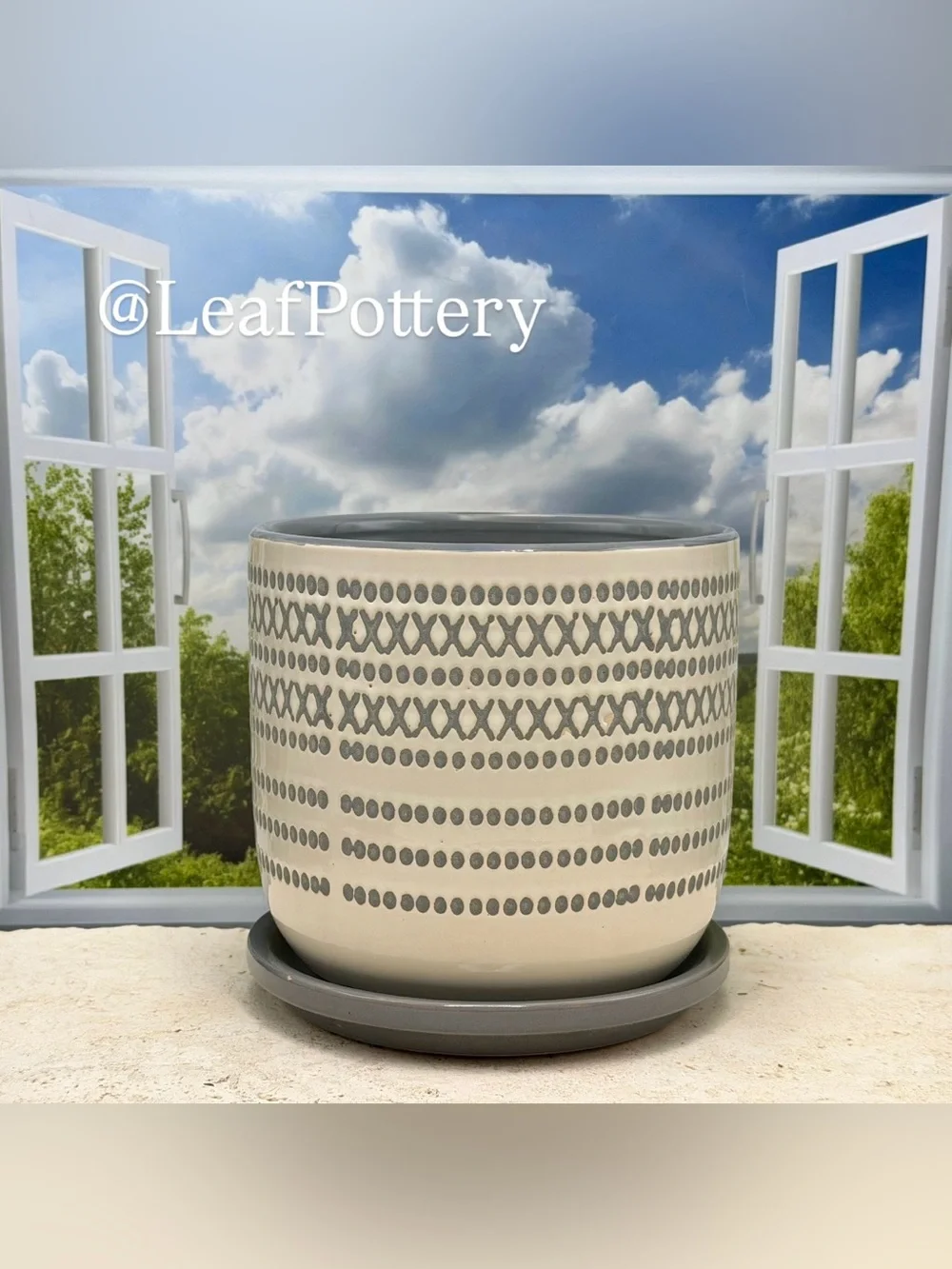 White Gray Ceramic Planter with Saucer 6 Inch Indoor Outdoor Pot Drainage